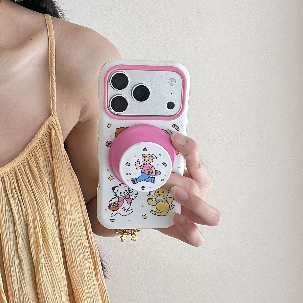 Cute cartoon character phone case with beaded charm and pop grip for iPhone 17 16 15 Pro Max
