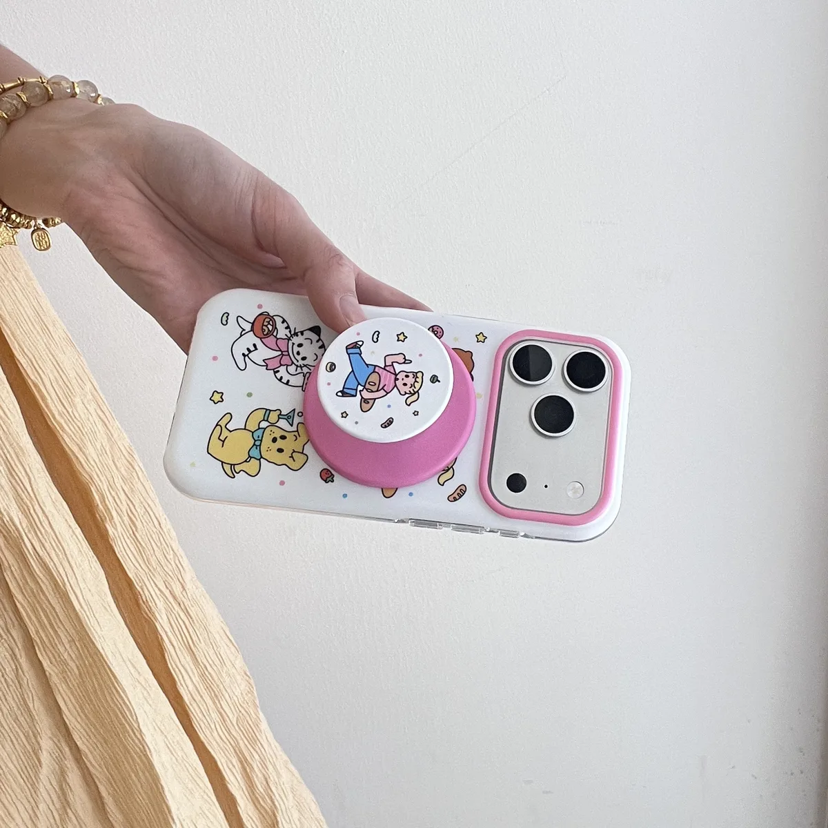 Cute cartoon character phone case with beaded charm and pop grip for iPhone 17 16 15 Pro Max