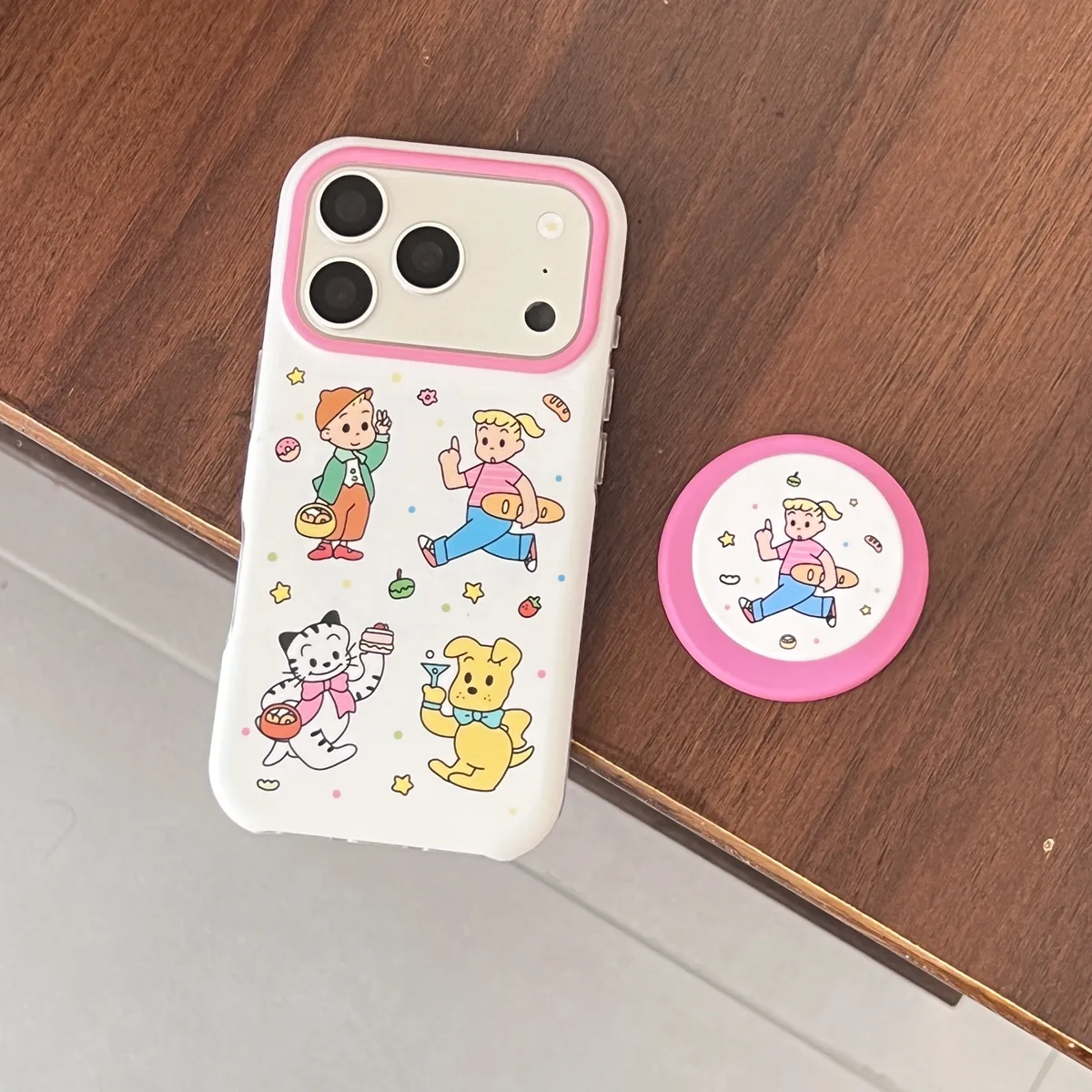 Cute cartoon character phone case with beaded charm and pop grip for iPhone 17 16 15 Pro Max
