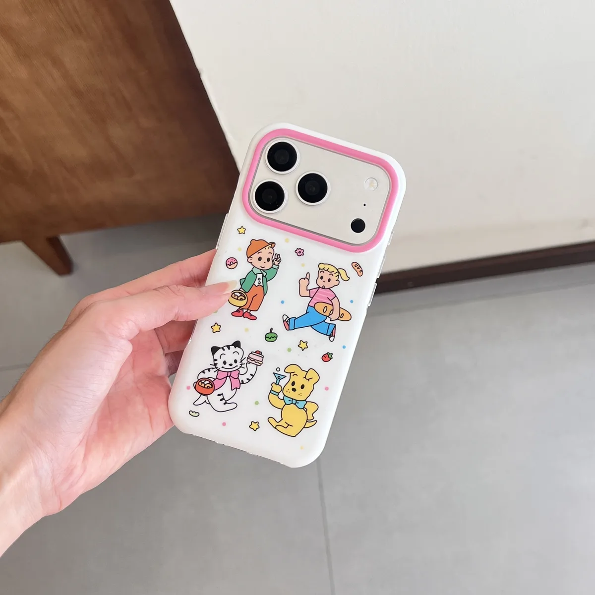 Cute cartoon character phone case with beaded charm and pop grip for iPhone 17 16 15 Pro Max