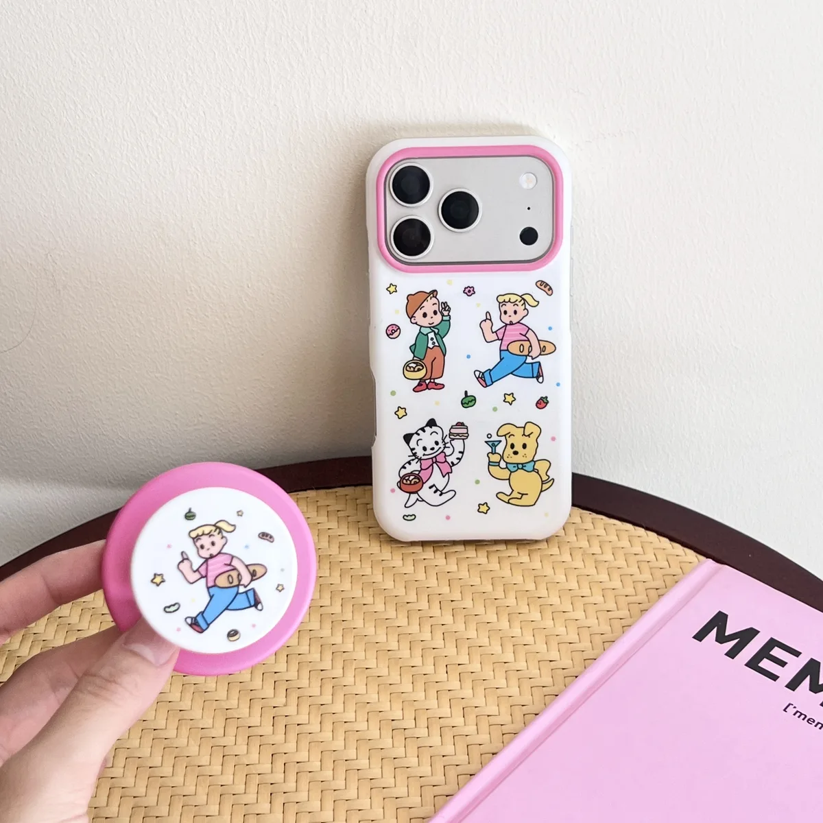 Cute cartoon character phone case with beaded charm and pop grip for iPhone 17 16 15 Pro Max