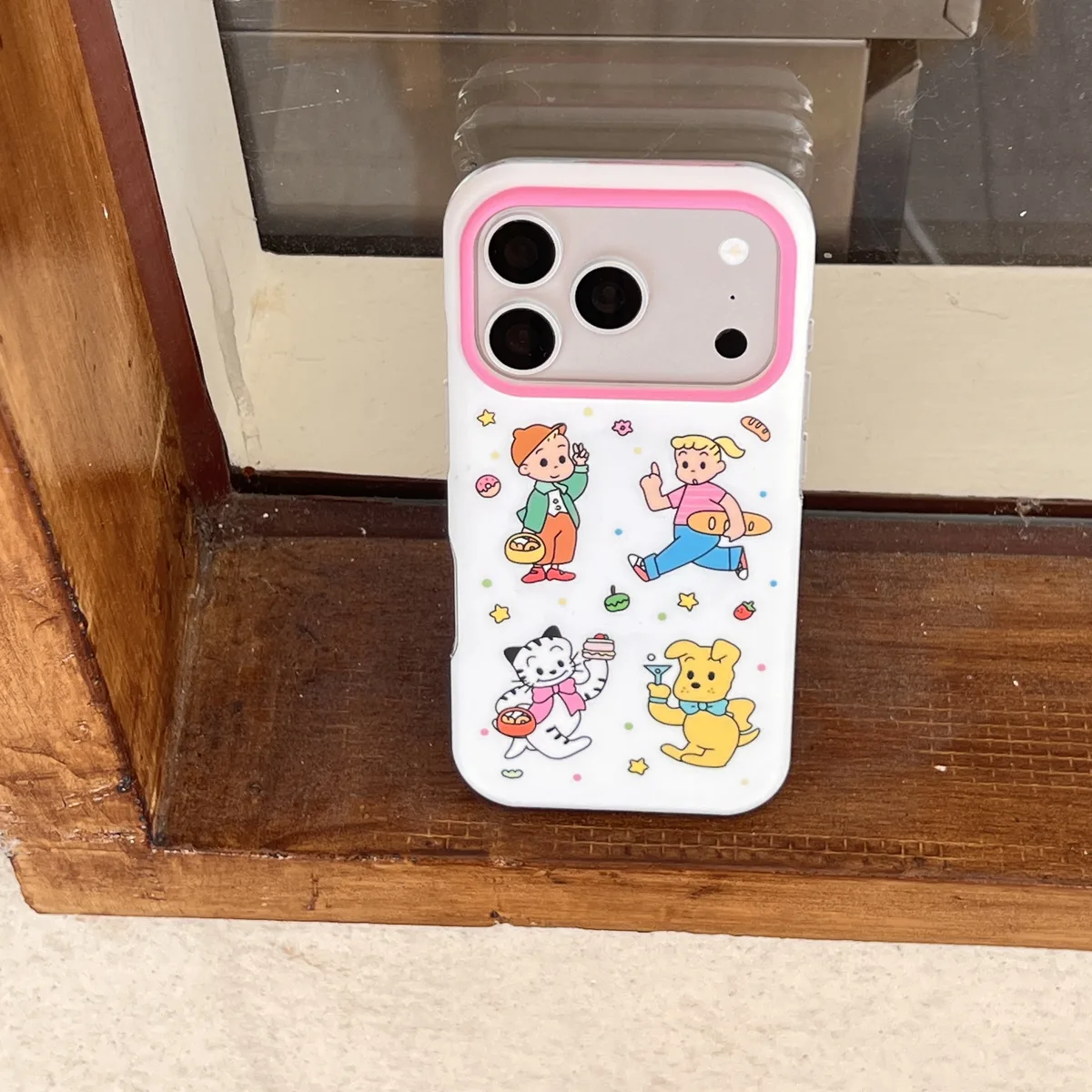 Cute cartoon character phone case with beaded charm and pop grip for iPhone 17 16 15 Pro Max