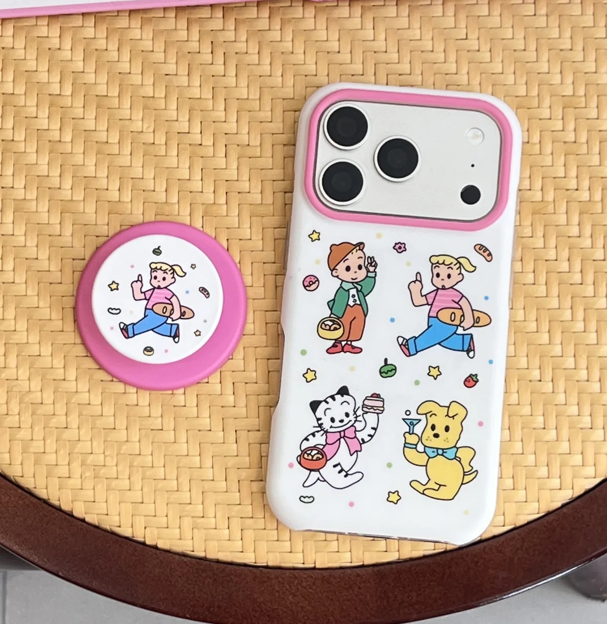 Cute cartoon character phone case with beaded charm and pop grip for iPhone 17 16 15 Pro Max