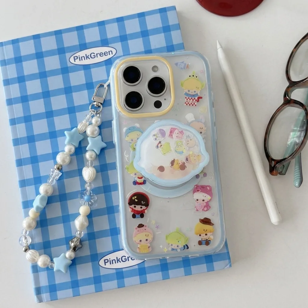 Clear phone case with Toy Story characters, pastel blue border, and a cloud shaped grip accessory