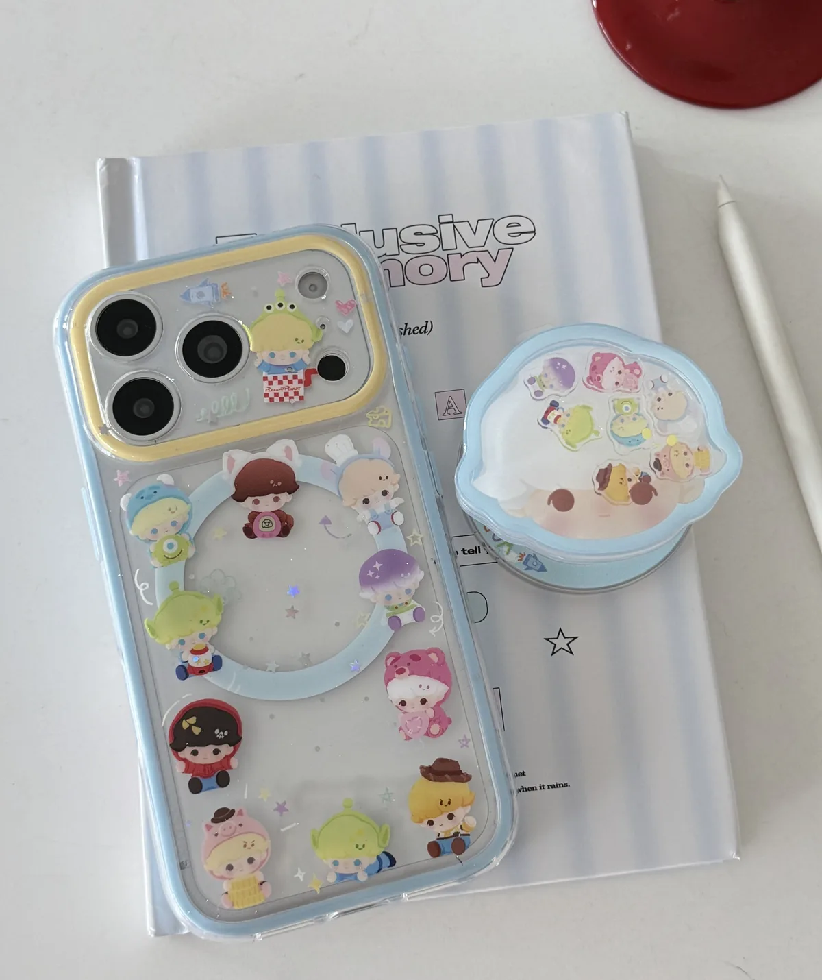 Toy Story character clear phone case with pastel charm and magnetic grip accessory for iPhone 17 16 15 Pro Max — MagSafe