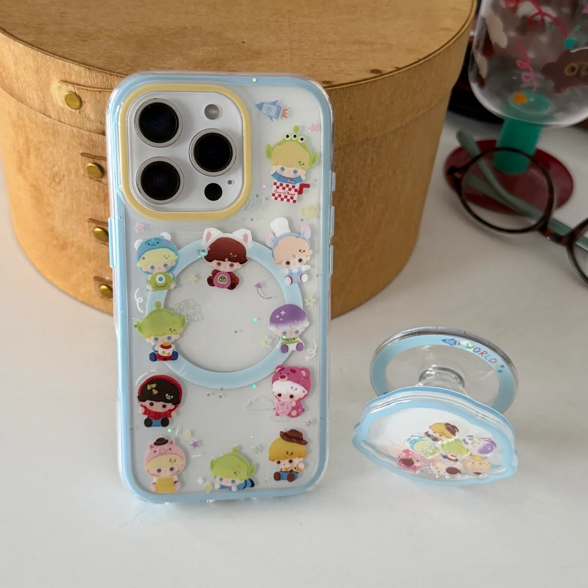 Toy Story character clear phone case with pastel charm and magnetic grip accessory for iPhone 17 16 15 Pro Max — MagSafe