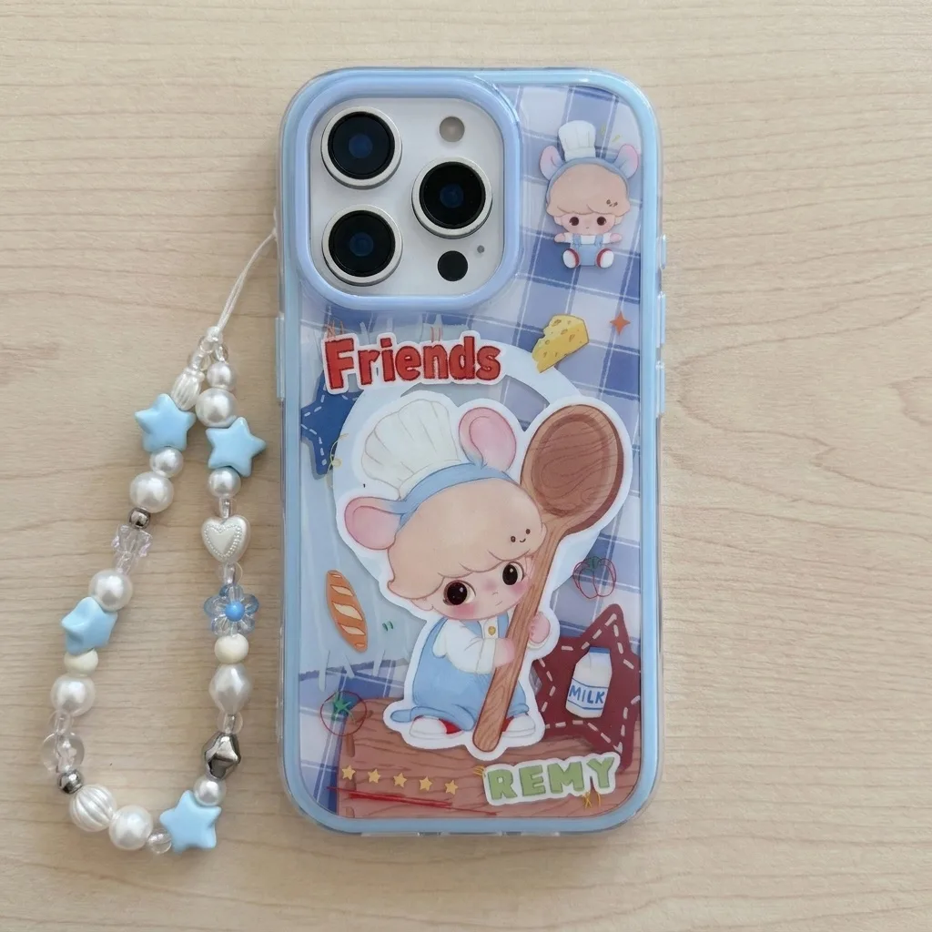 Clear blue phone case with a cute chef mouse design and a beaded star charm strap