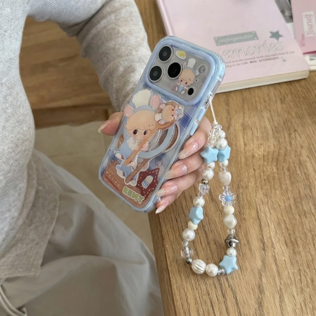 Cute chef mouse phone case with beaded charm strap for iPhone 17 16 15 Pro Max — MagSafe