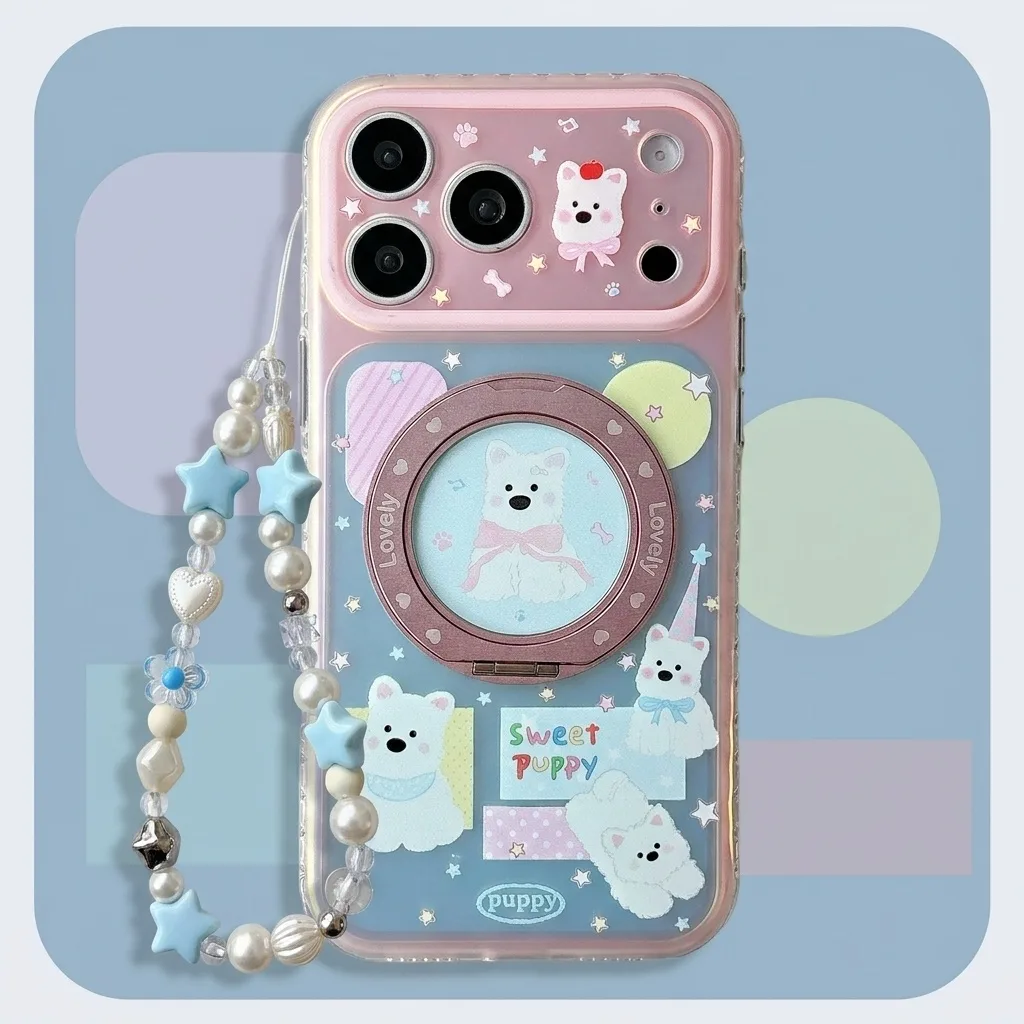 Clear pastel phone case with puppy graphics, a circular stand, and a beaded star charm strap