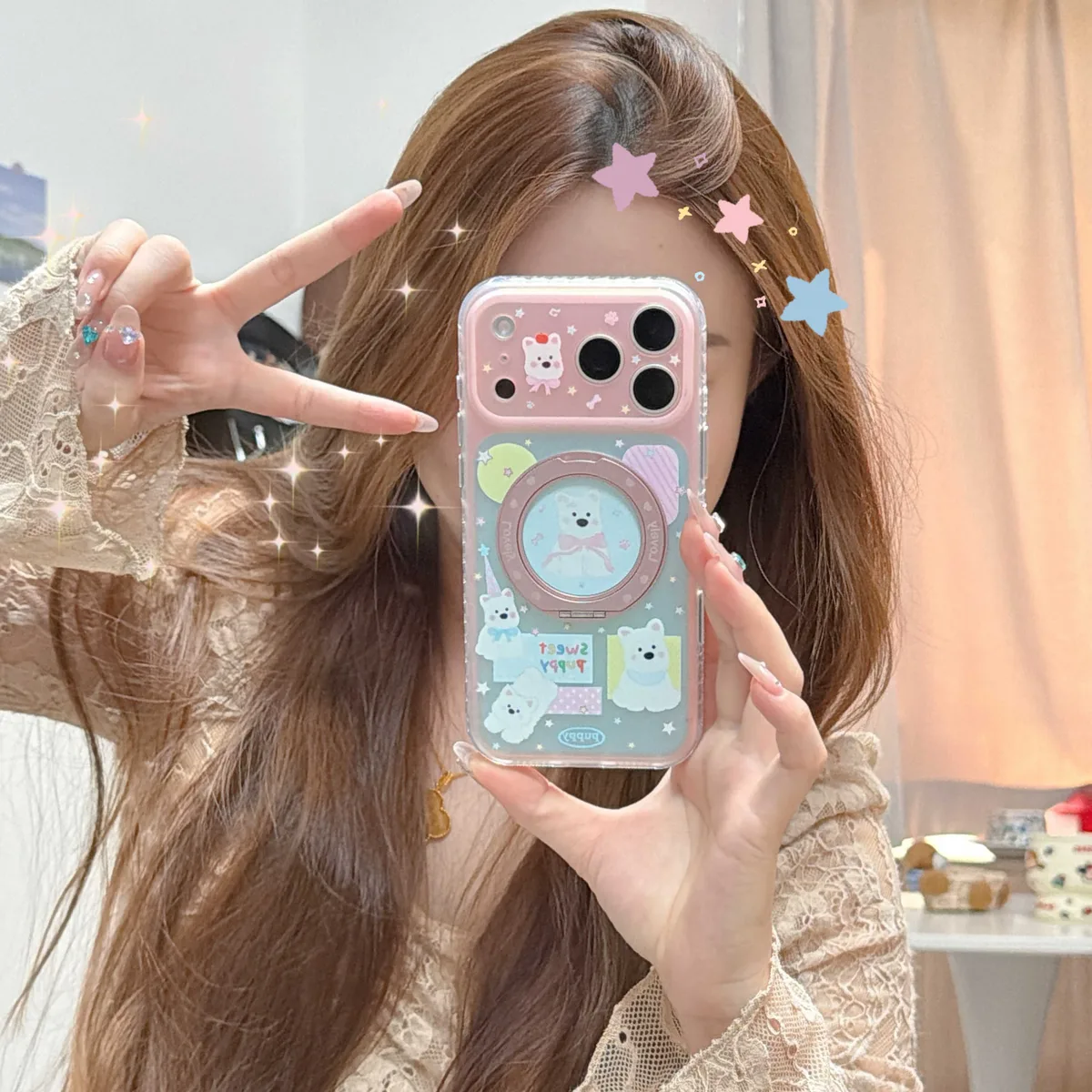Kawaii Puppy Charm Phone Case with Beaded Strap for iPhone 17 16 15 Pro Max