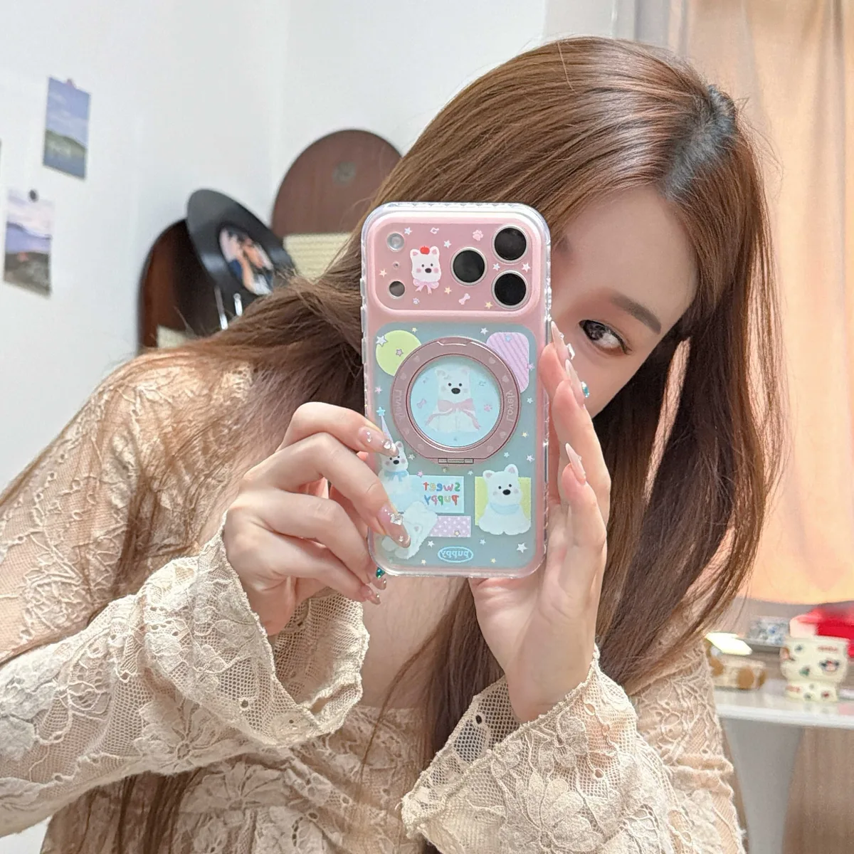 Kawaii Puppy Charm Phone Case with Beaded Strap for iPhone 17 16 15 Pro Max
