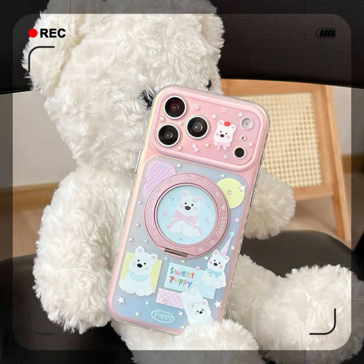 Kawaii Puppy Charm Phone Case with Beaded Strap for iPhone 17 16 15 Pro Max