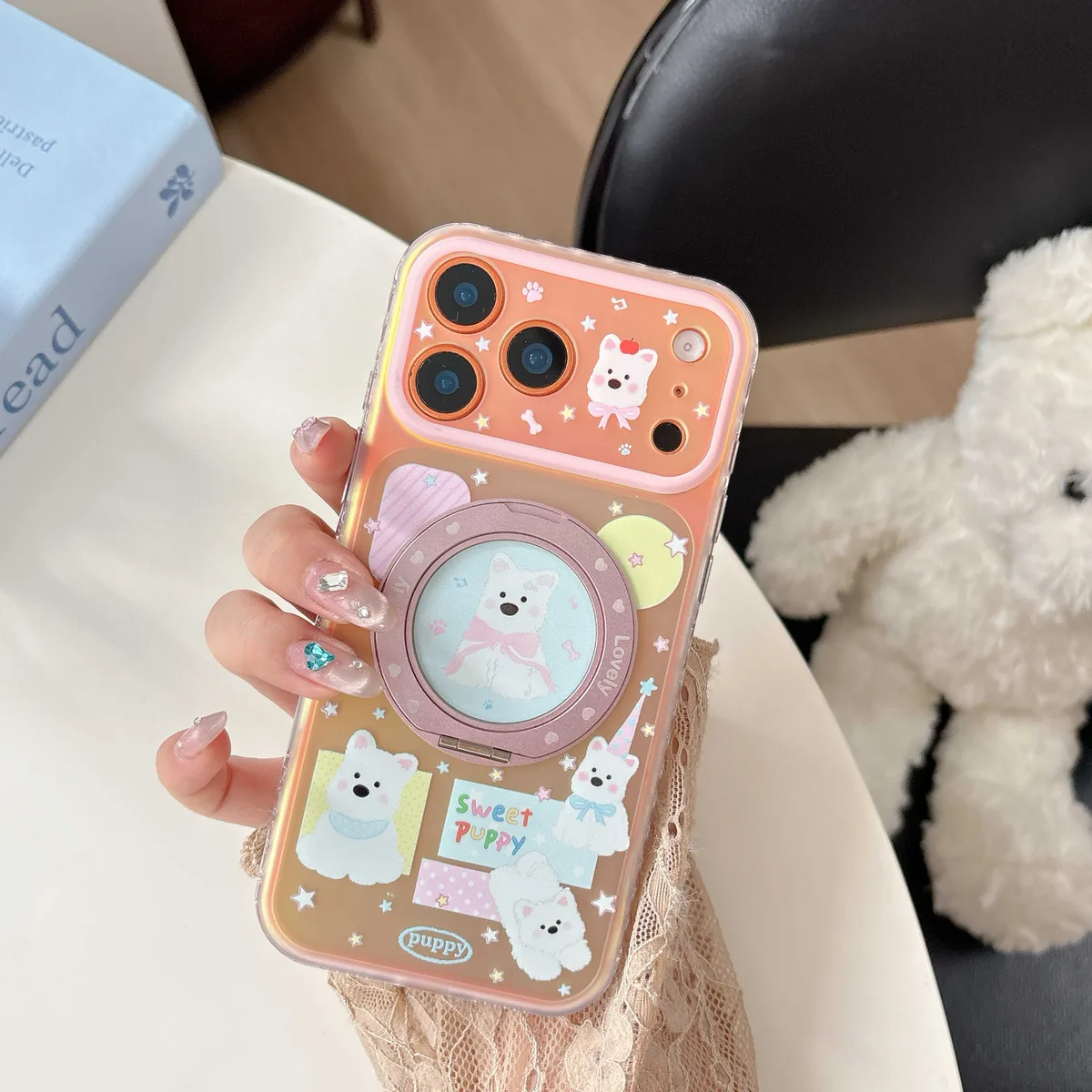 Kawaii Puppy Charm Phone Case with Beaded Strap for iPhone 17 16 15 Pro Max