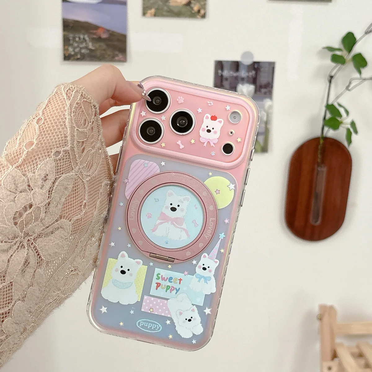 Kawaii Puppy Charm Phone Case with Beaded Strap for iPhone 17 16 15 Pro Max