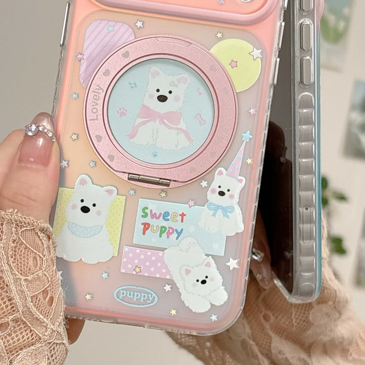 Kawaii Puppy Charm Phone Case with Beaded Strap for iPhone 17 16 15 Pro Max