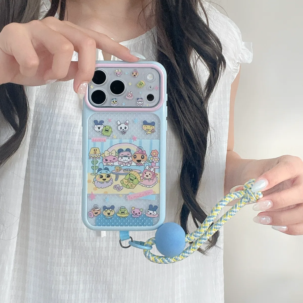 Tamagotchi Pastel Phone Case with Braided Wrist Strap for iPhone 17 16 15 Pro Max