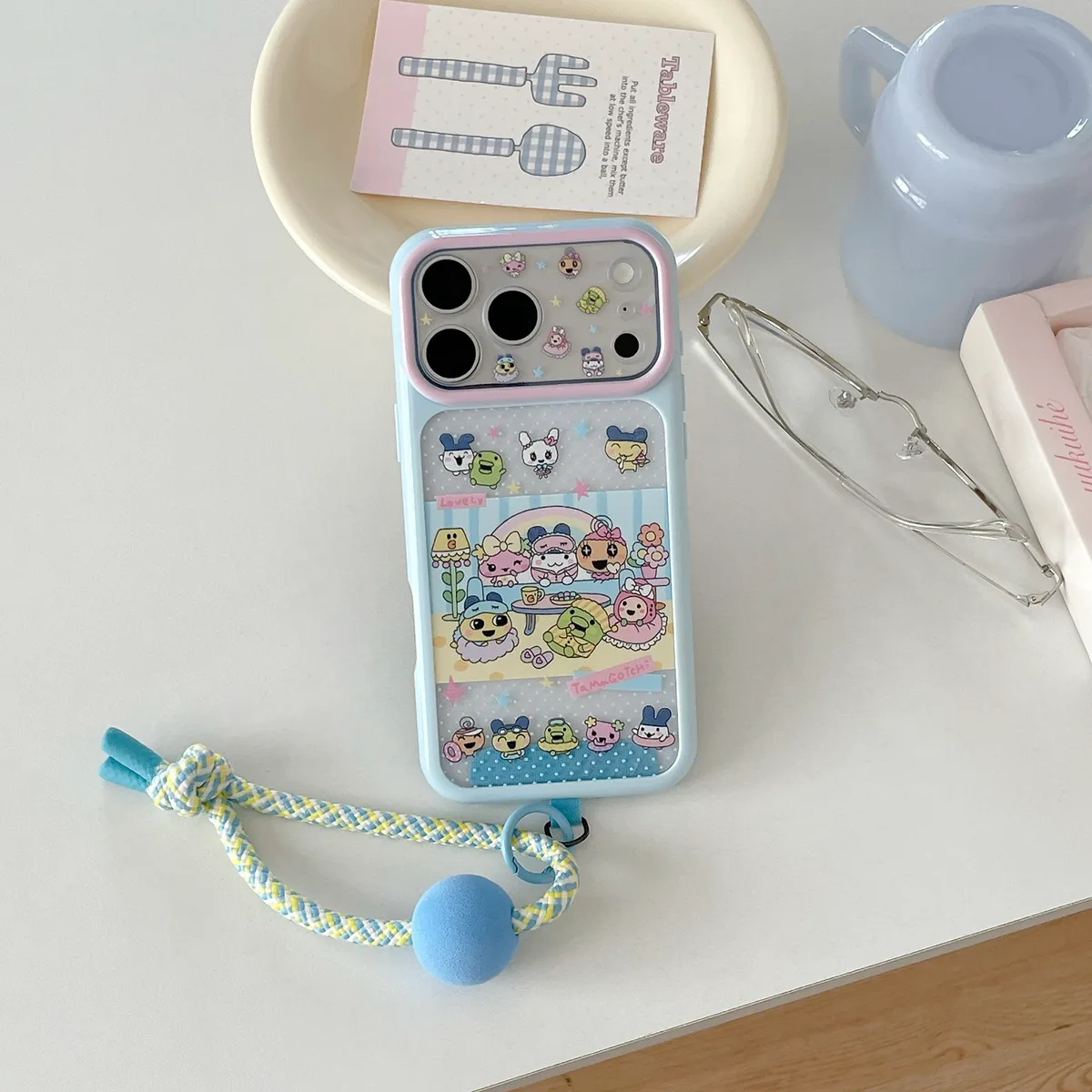Tamagotchi Pastel Phone Case with Braided Wrist Strap for iPhone 17 16 15 Pro Max