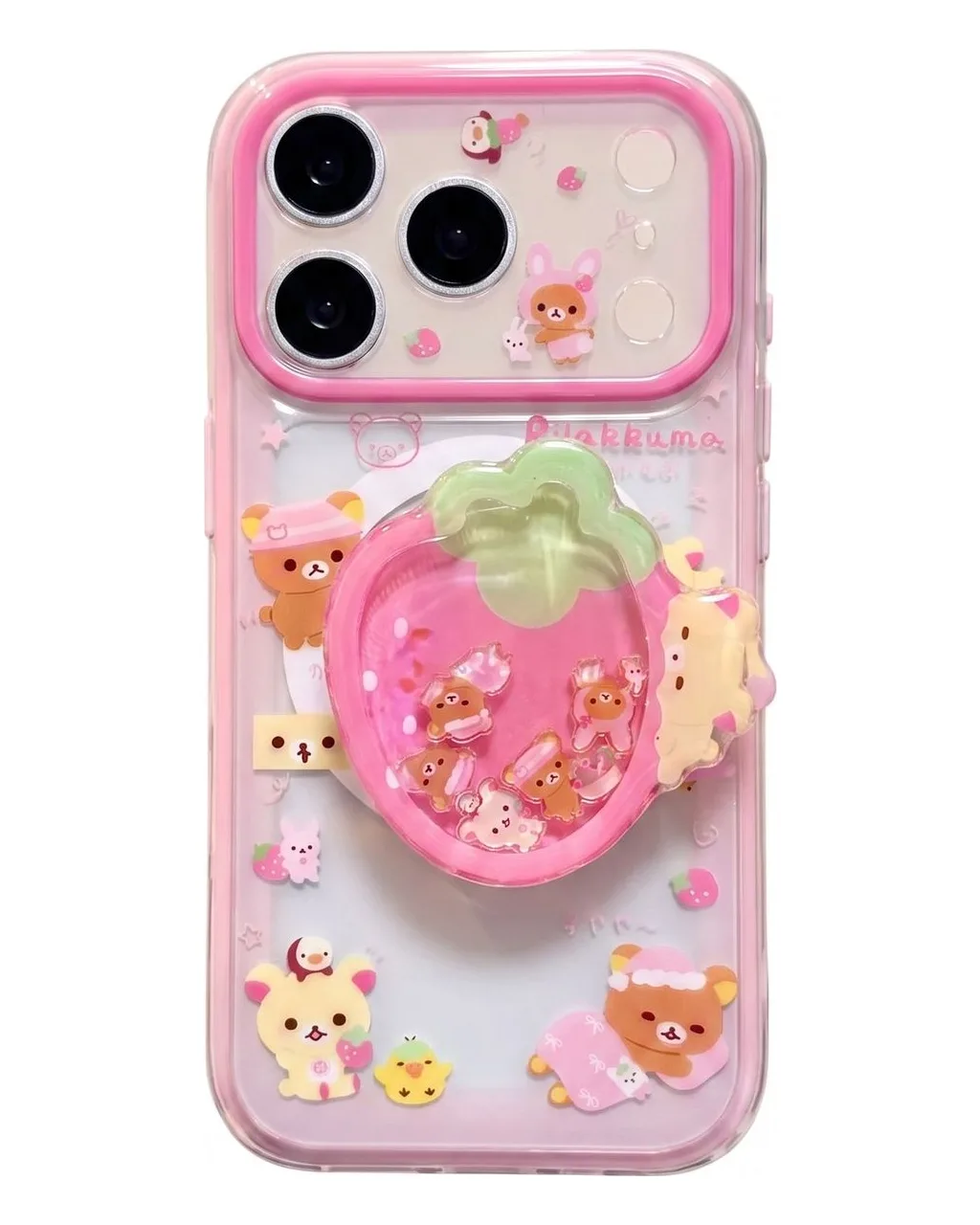 Rilakkuma Strawberry Clear Phone Case with 3D Fruit Charm for iPhone 17 16 15 14 13 Pro Max — MagSafe