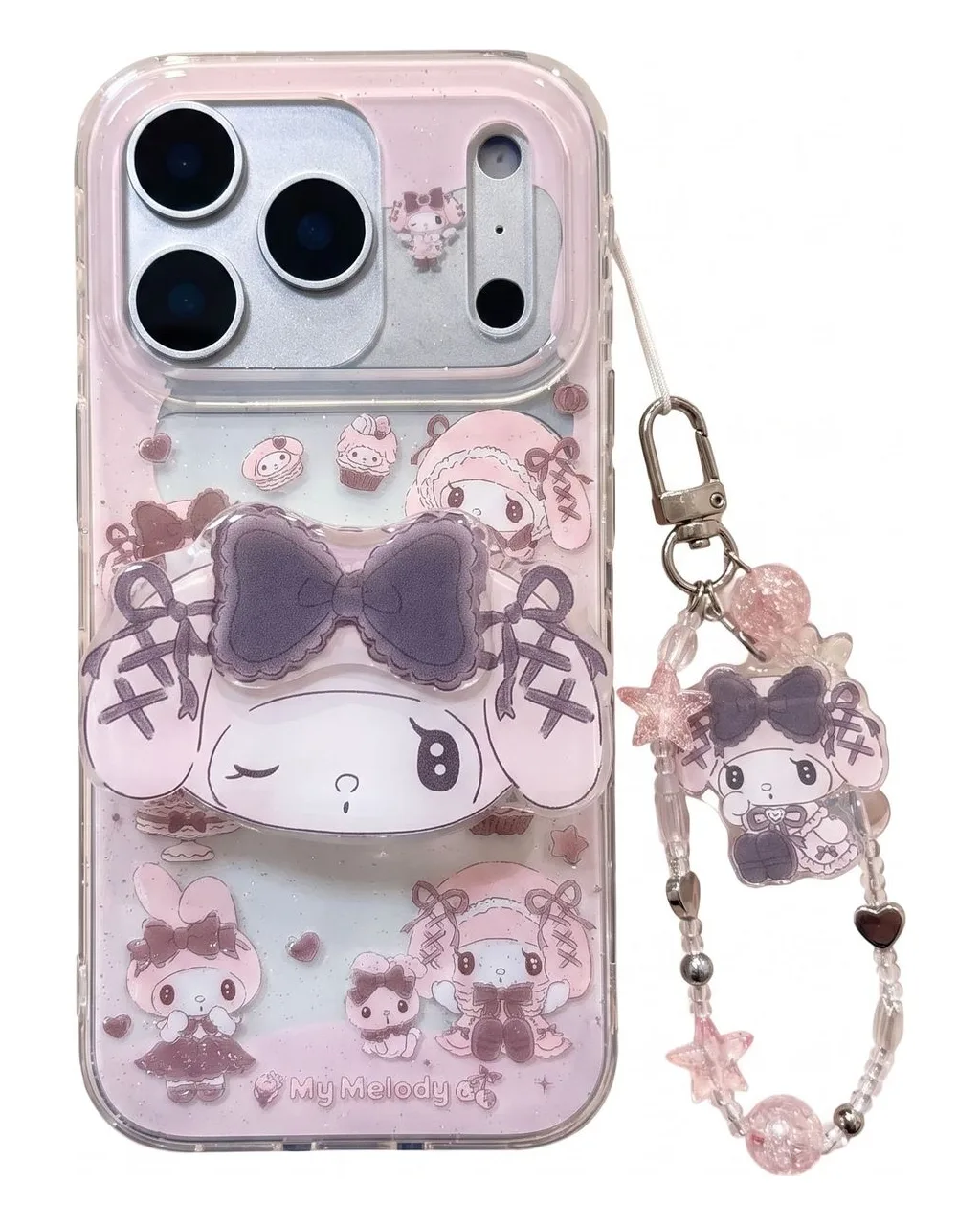 Sanrio My Melody iPhone 17 16 15 14 13 Pro Max Clear Glitter Bow Phone Case with Charm