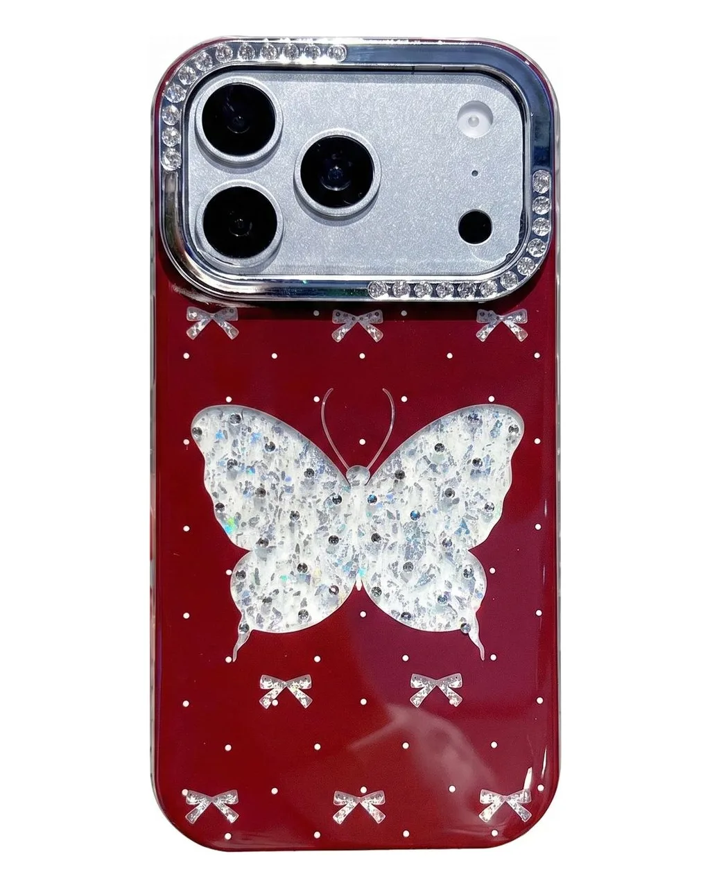 Sparkling Red Butterfly Phone Case with Beaded Strap for iPhone 17 16 15 14 13 Pro Max