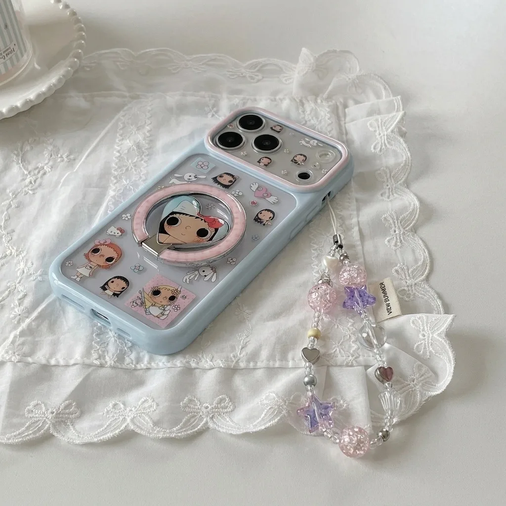 Pastel blue phone case with cartoon character print, pink ring stand, and beaded charm strap
