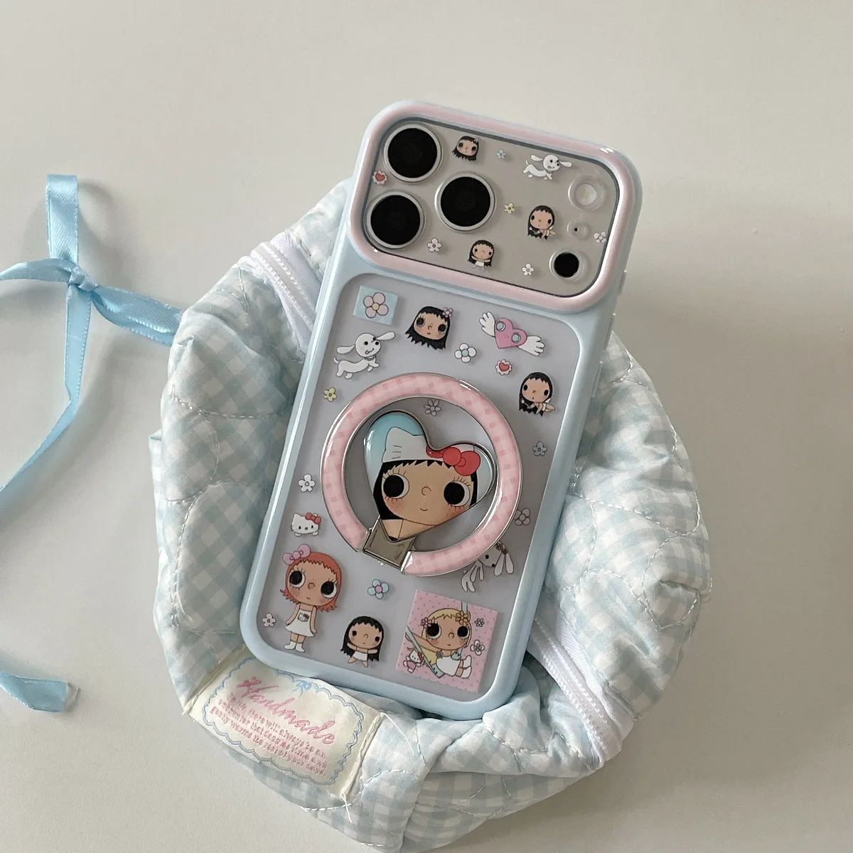 Cute pastel character phone case with ring stand and charm strap for iPhone 17 16 15 Pro Max