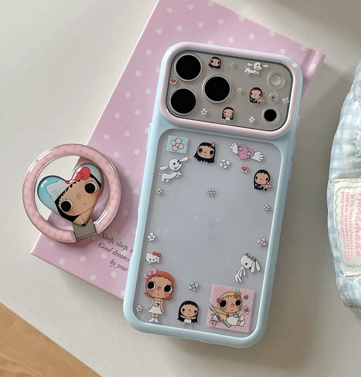Cute pastel character phone case with ring stand and charm strap for iPhone 17 16 15 Pro Max