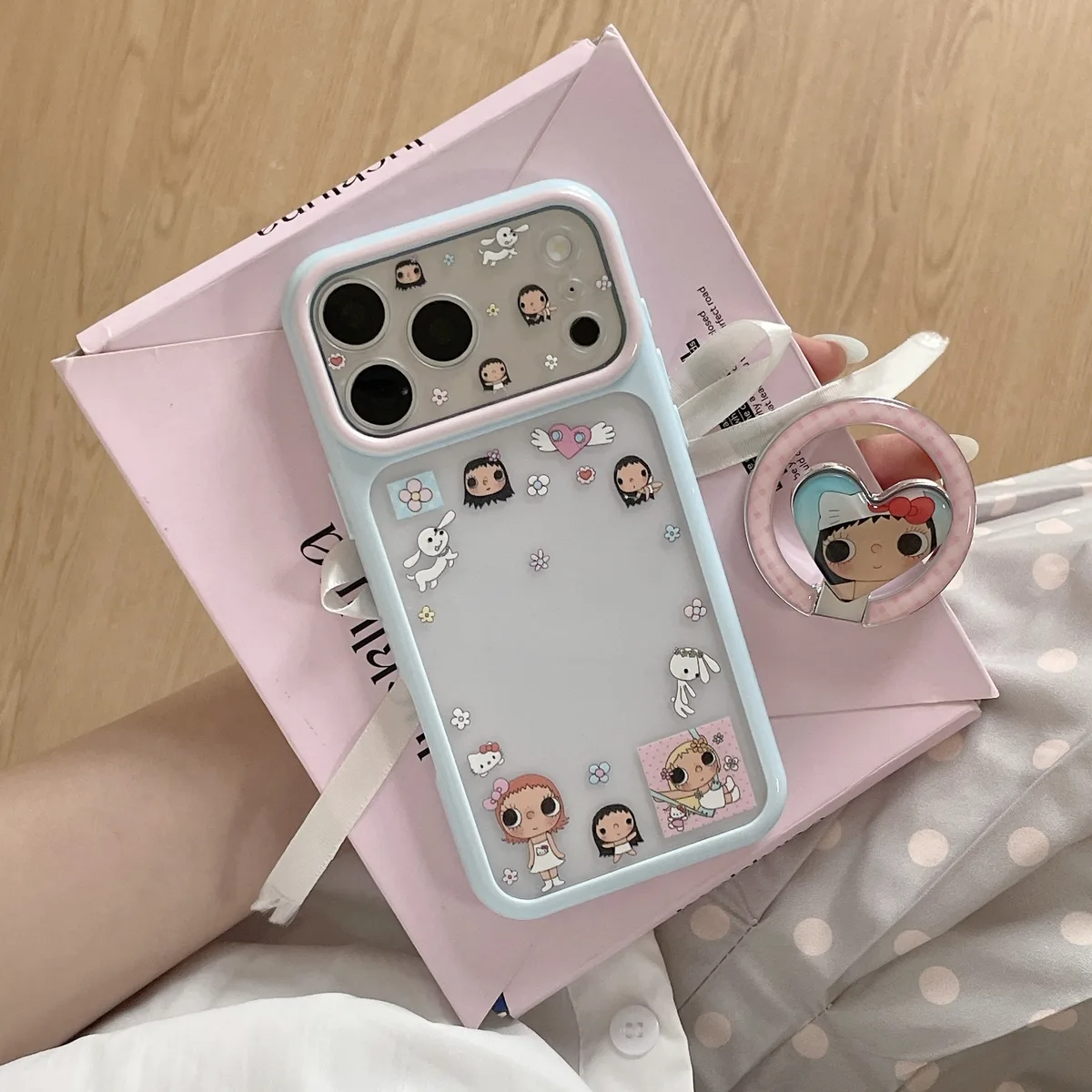 Cute pastel character phone case with ring stand and charm strap for iPhone 17 16 15 Pro Max