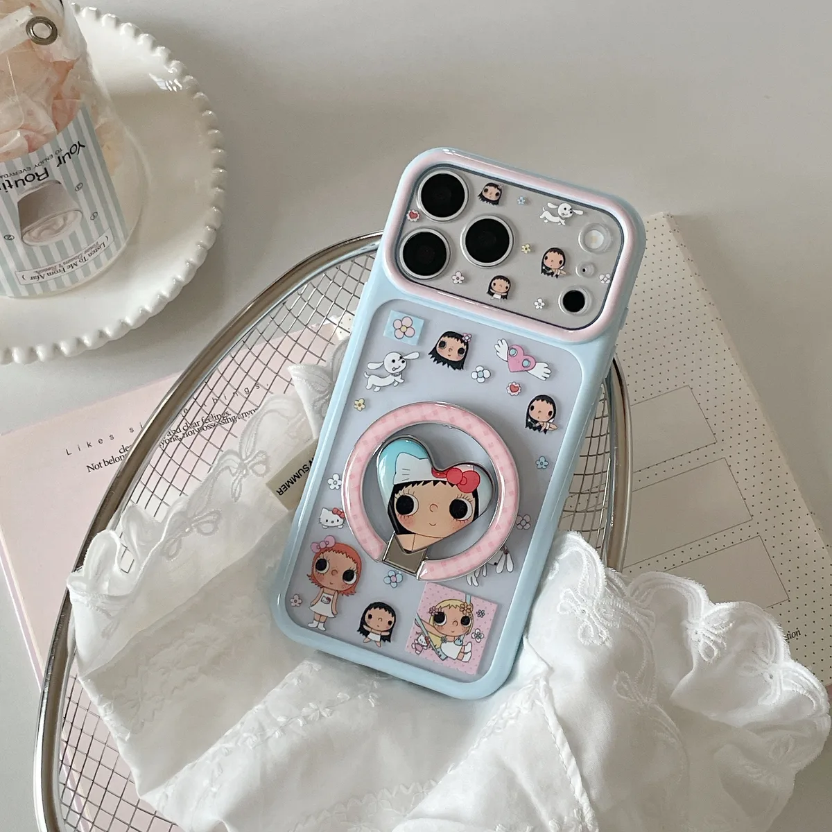 Cute pastel character phone case with ring stand and charm strap for iPhone 17 16 15 Pro Max