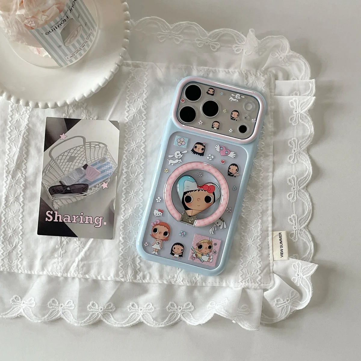 Cute pastel character phone case with ring stand and charm strap for iPhone 17 16 15 Pro Max