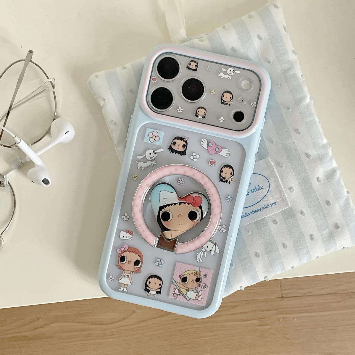 Cute pastel character phone case with ring stand and charm strap for iPhone 17 16 15 Pro Max