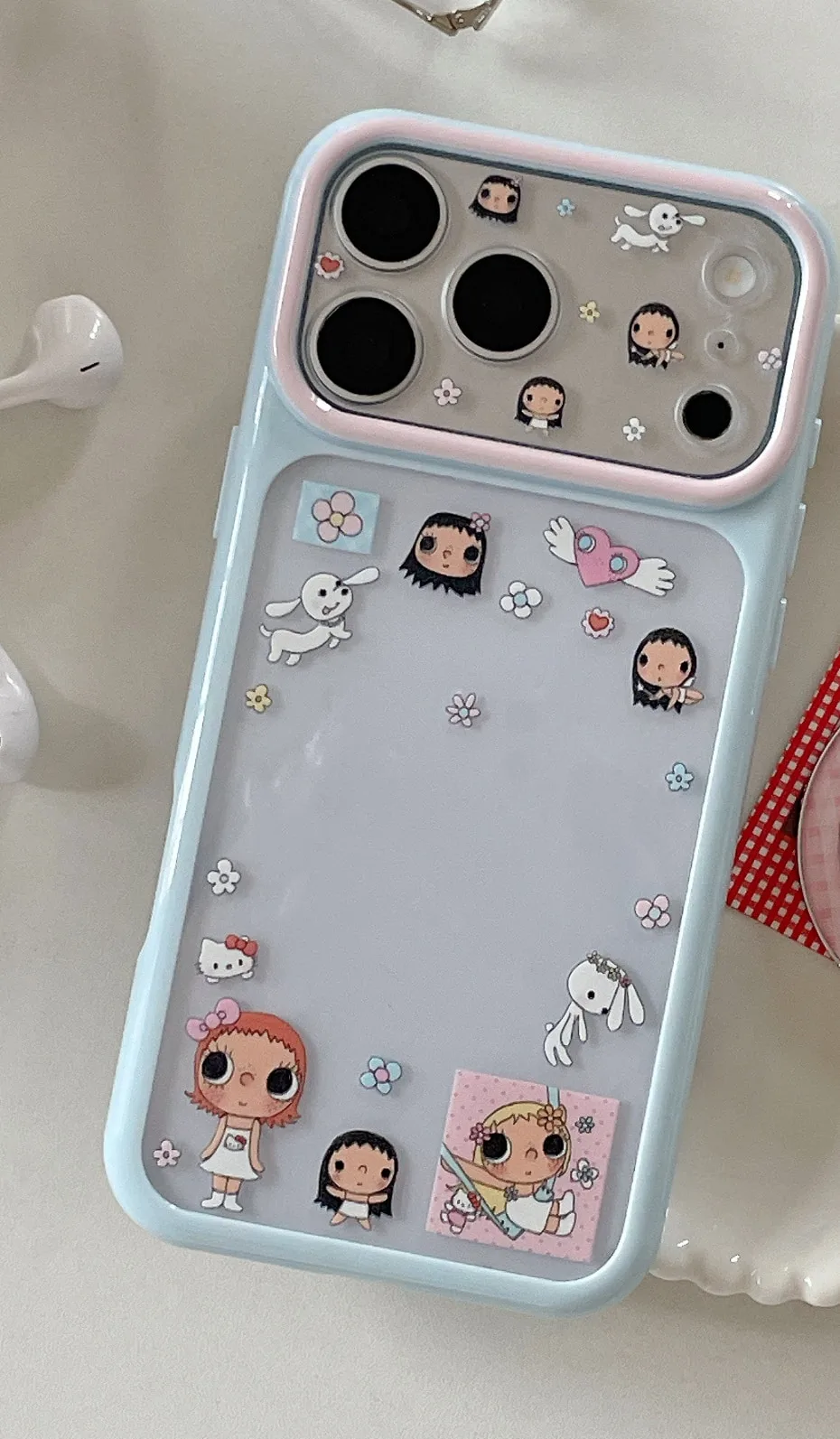 Cute pastel character phone case with ring stand and charm strap for iPhone 17 16 15 Pro Max