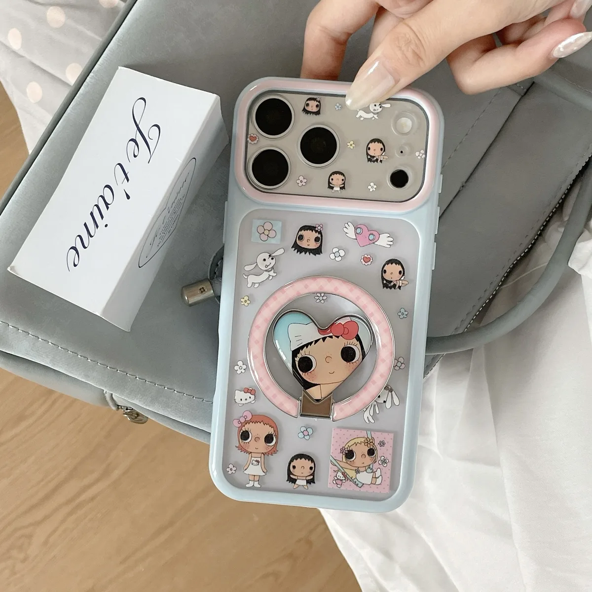 Cute pastel character phone case with ring stand and charm strap for iPhone 17 16 15 Pro Max