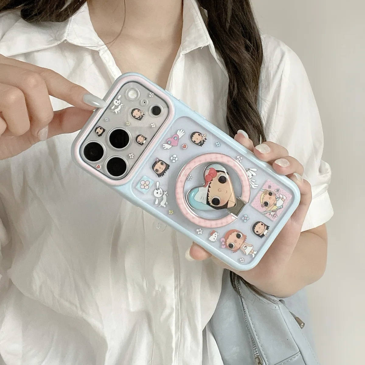 Cute pastel character phone case with ring stand and charm strap for iPhone 17 16 15 Pro Max