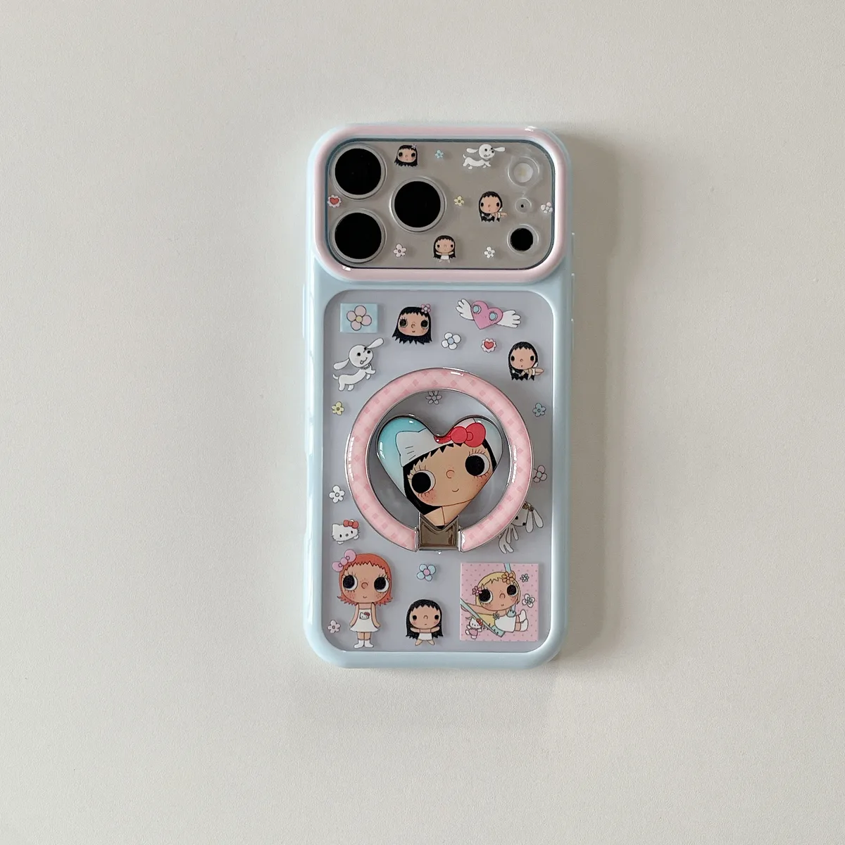 Cute pastel character phone case with ring stand and charm strap for iPhone 17 16 15 Pro Max
