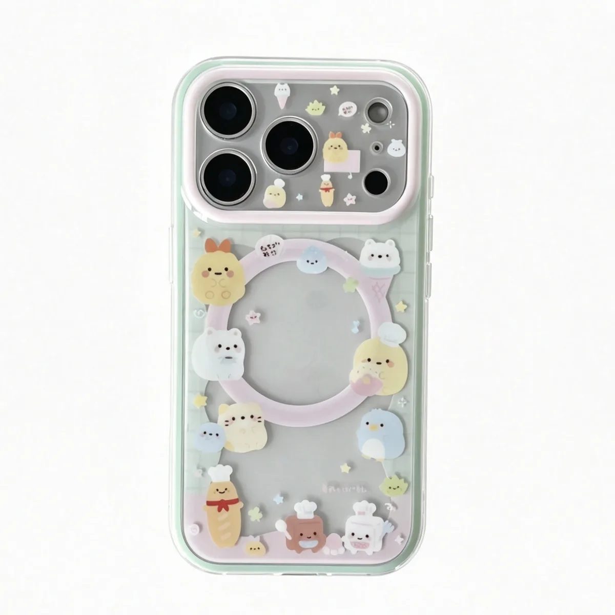 Sumikko Gurashi Mint Green Clear with 3D Cat Charm Phone Case for iPhone 17 16 15 Pro Max — MagSafe