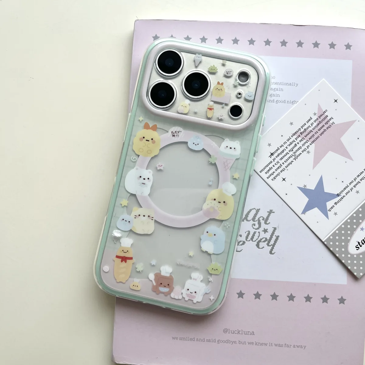 Sumikko Gurashi Mint Green Clear with 3D Cat Charm Phone Case for iPhone 17 16 15 Pro Max — MagSafe