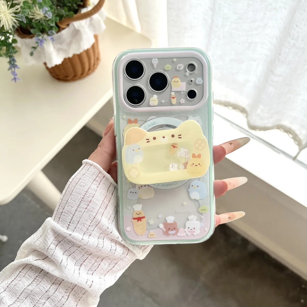 Sumikko Gurashi Mint Green Clear with 3D Cat Charm Phone Case for iPhone 17 16 15 Pro Max — MagSafe