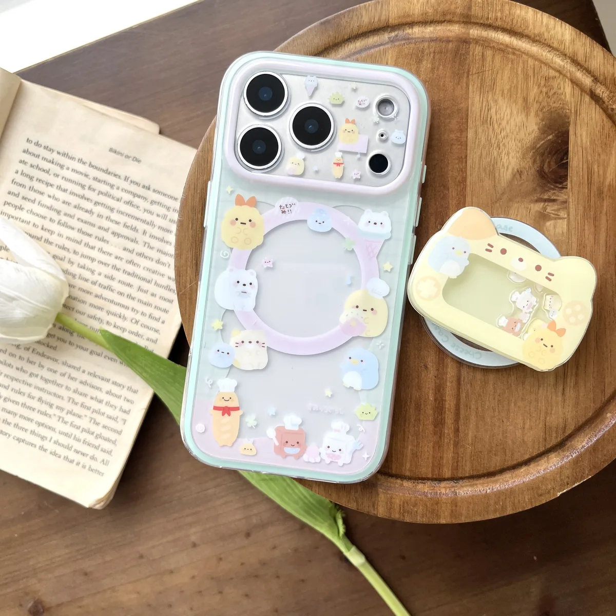 Sumikko Gurashi Mint Green Clear with 3D Cat Charm Phone Case for iPhone 17 16 15 Pro Max — MagSafe