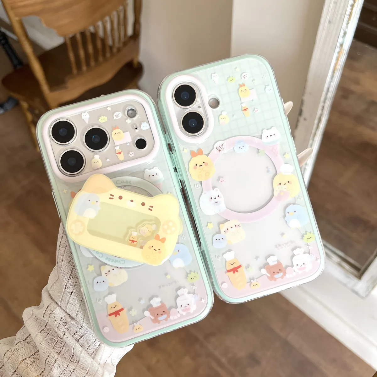 Sumikko Gurashi Mint Green Clear with 3D Cat Charm Phone Case for iPhone 17 16 15 Pro Max — MagSafe