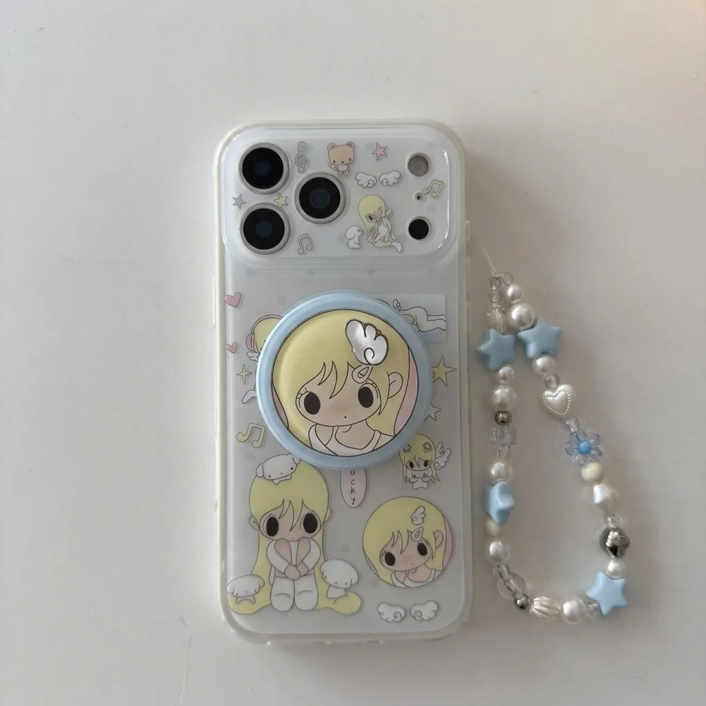 Clear phone case with pastel anime girl art, a blue ring stand, and a beaded charm strap