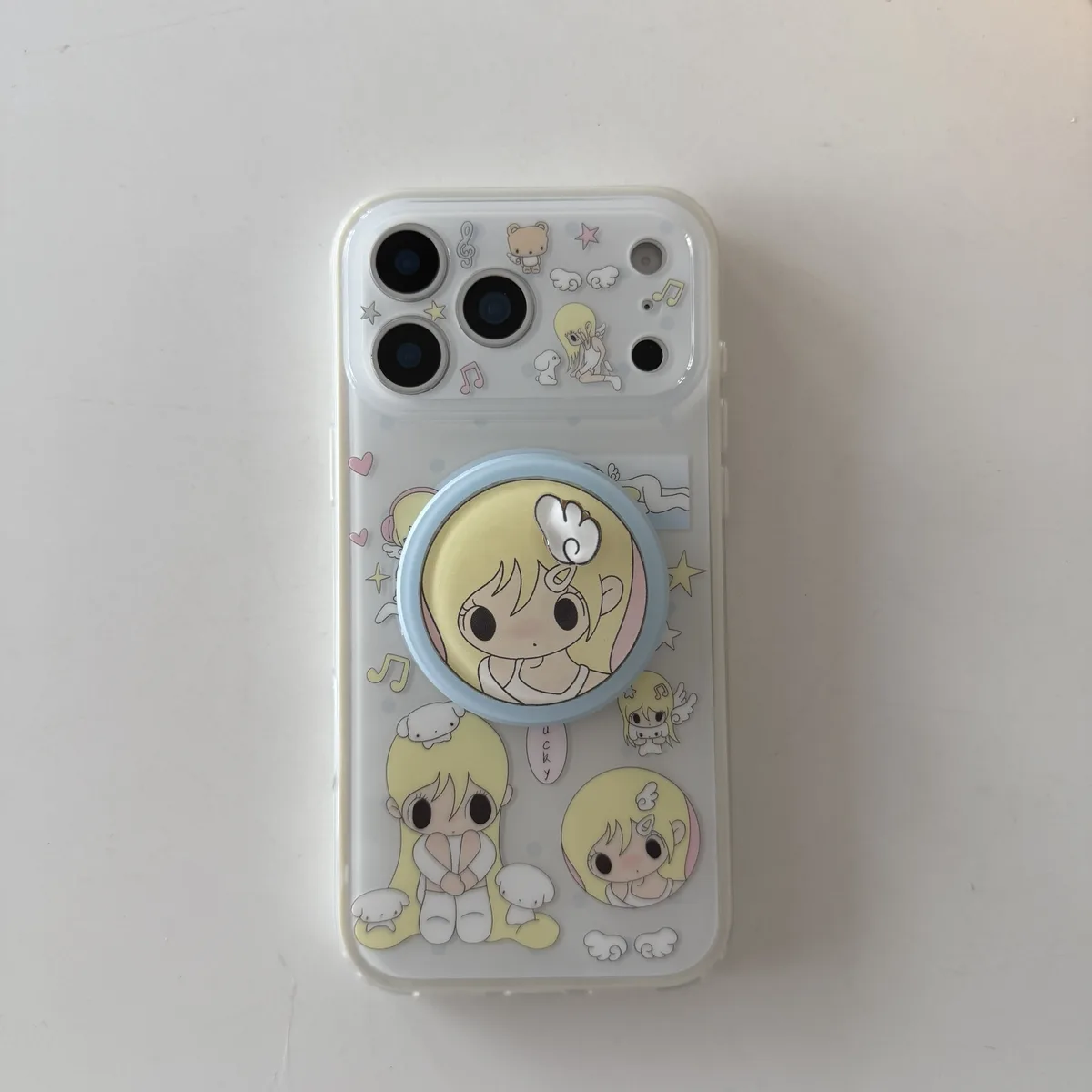 Cute blonde anime girl clear phone case with magnetic ring stand and charm strap for iPhone 17 16 15 Pro Max — MagSafe