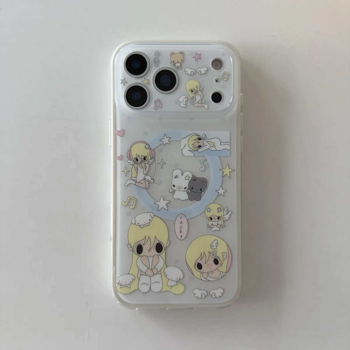 Cute blonde anime girl clear phone case with magnetic ring stand and charm strap for iPhone 17 16 15 Pro Max — MagSafe