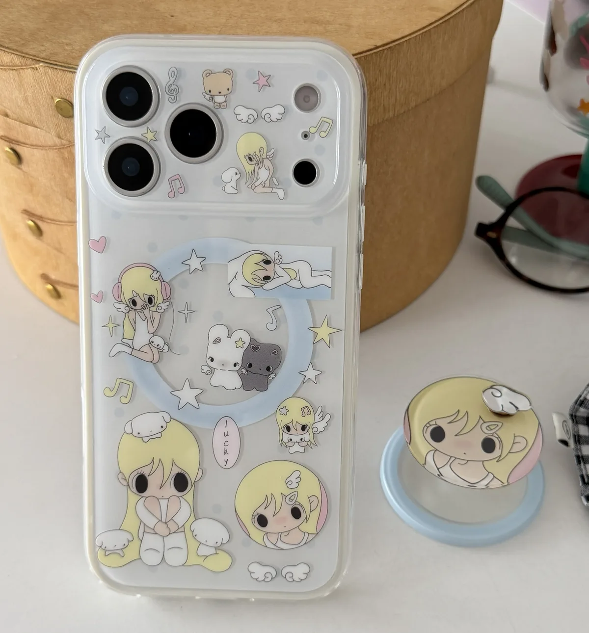 Cute blonde anime girl clear phone case with magnetic ring stand and charm strap for iPhone 17 16 15 Pro Max — MagSafe