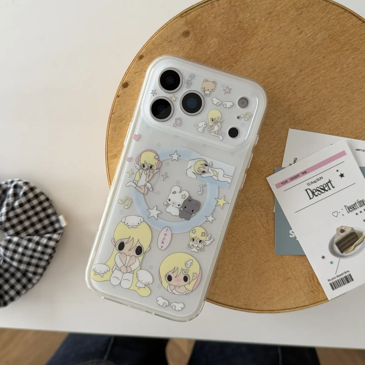 Cute blonde anime girl clear phone case with magnetic ring stand and charm strap for iPhone 17 16 15 Pro Max — MagSafe