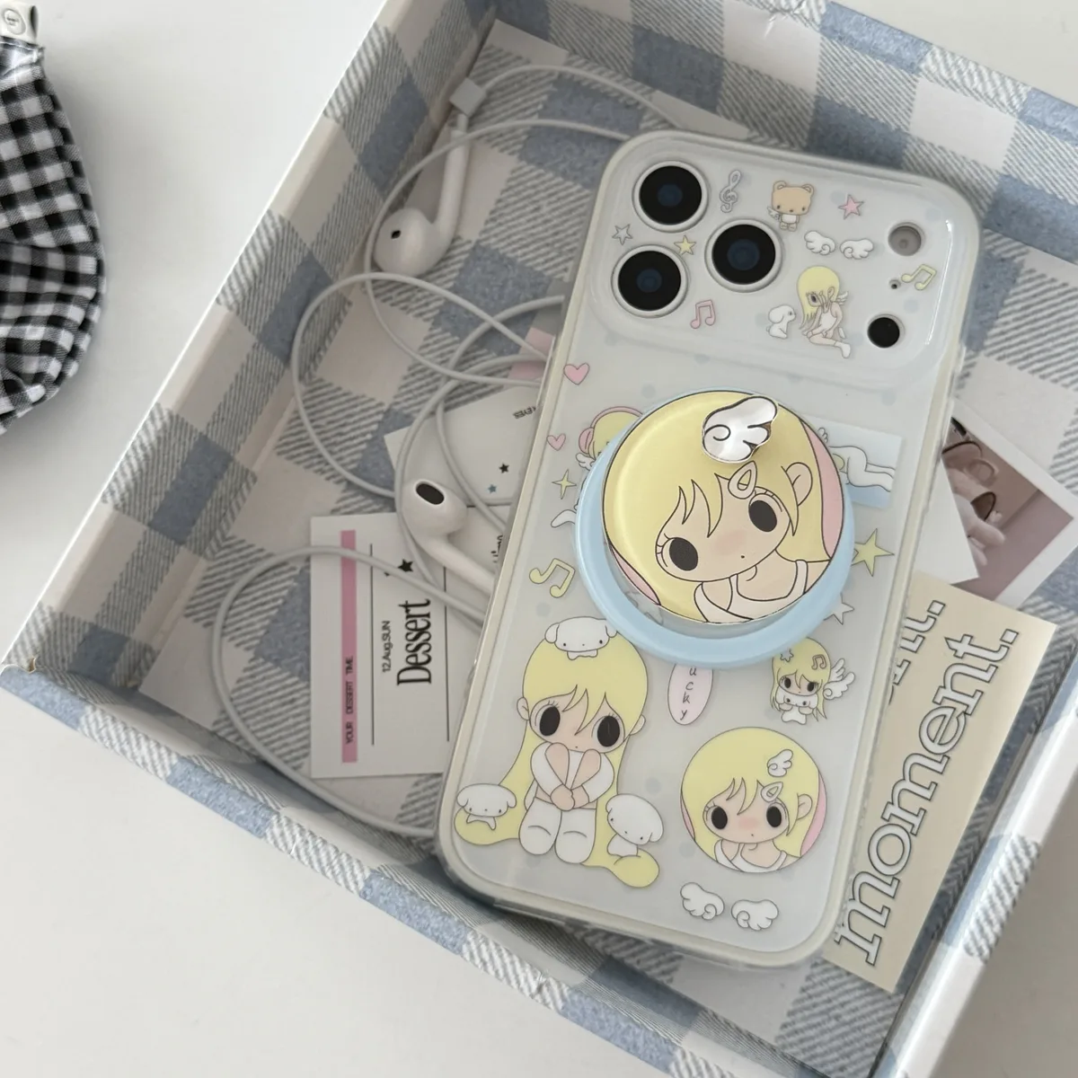 Cute blonde anime girl clear phone case with magnetic ring stand and charm strap for iPhone 17 16 15 Pro Max — MagSafe