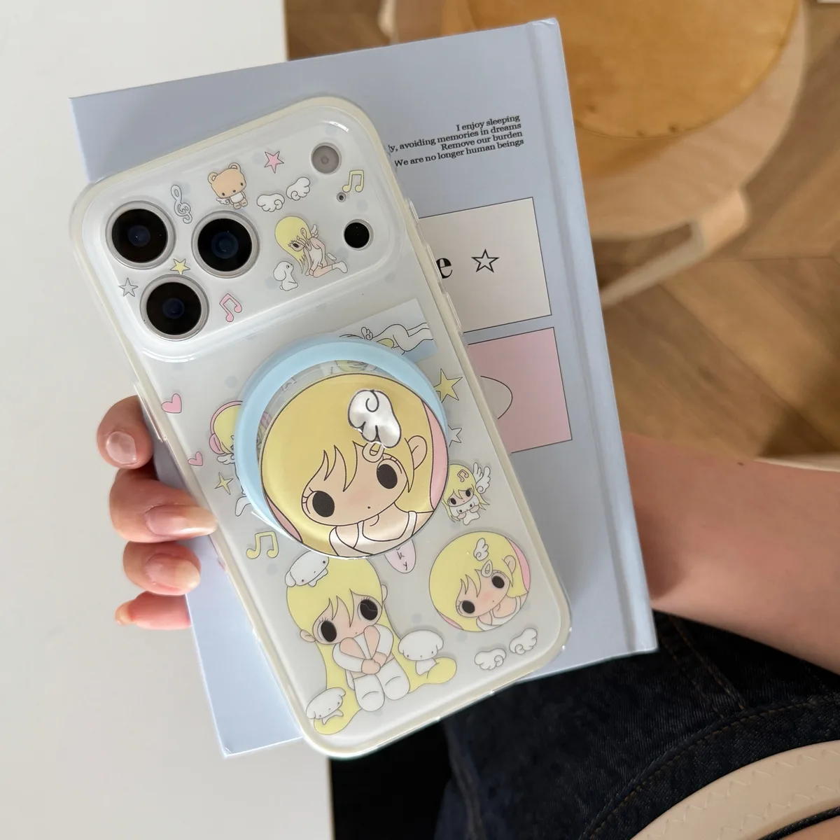 Cute blonde anime girl clear phone case with magnetic ring stand and charm strap for iPhone 17 16 15 Pro Max — MagSafe