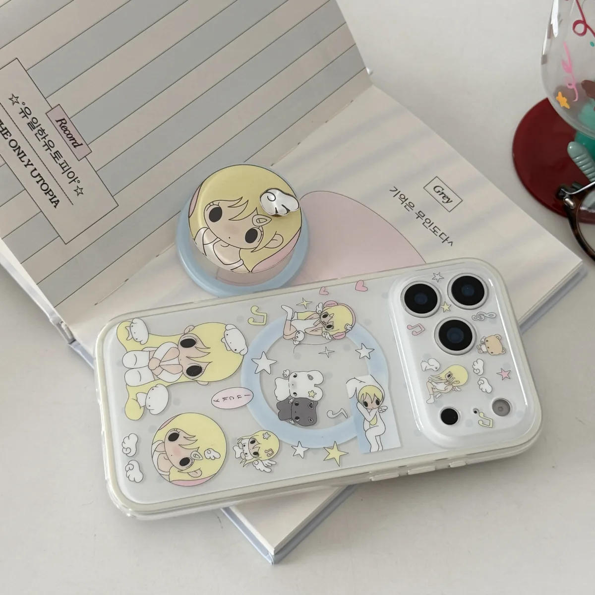 Cute blonde anime girl clear phone case with magnetic ring stand and charm strap for iPhone 17 16 15 Pro Max — MagSafe