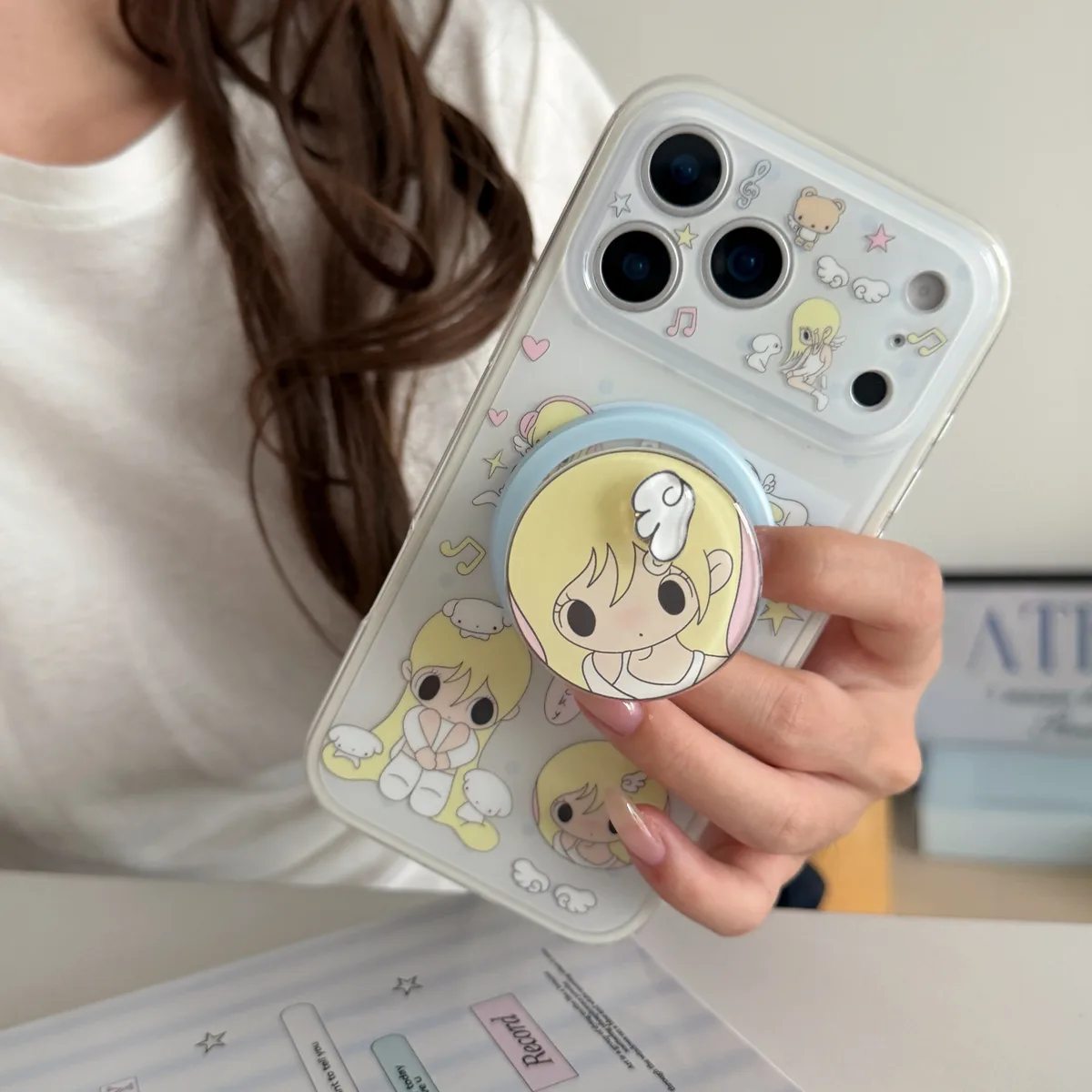 Cute blonde anime girl clear phone case with magnetic ring stand and charm strap for iPhone 17 16 15 Pro Max — MagSafe