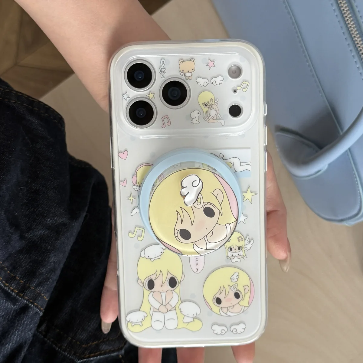 Cute blonde anime girl clear phone case with magnetic ring stand and charm strap for iPhone 17 16 15 Pro Max — MagSafe